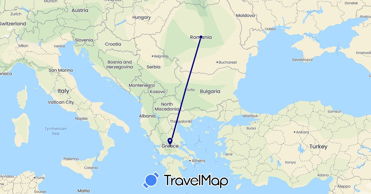 TravelMap itinerary: driving in Greece, Romania (Europe)